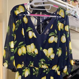 Rags to Wishes Lemon Print Navy Blue Romper Size Large, Strappy, Puff Sleeves